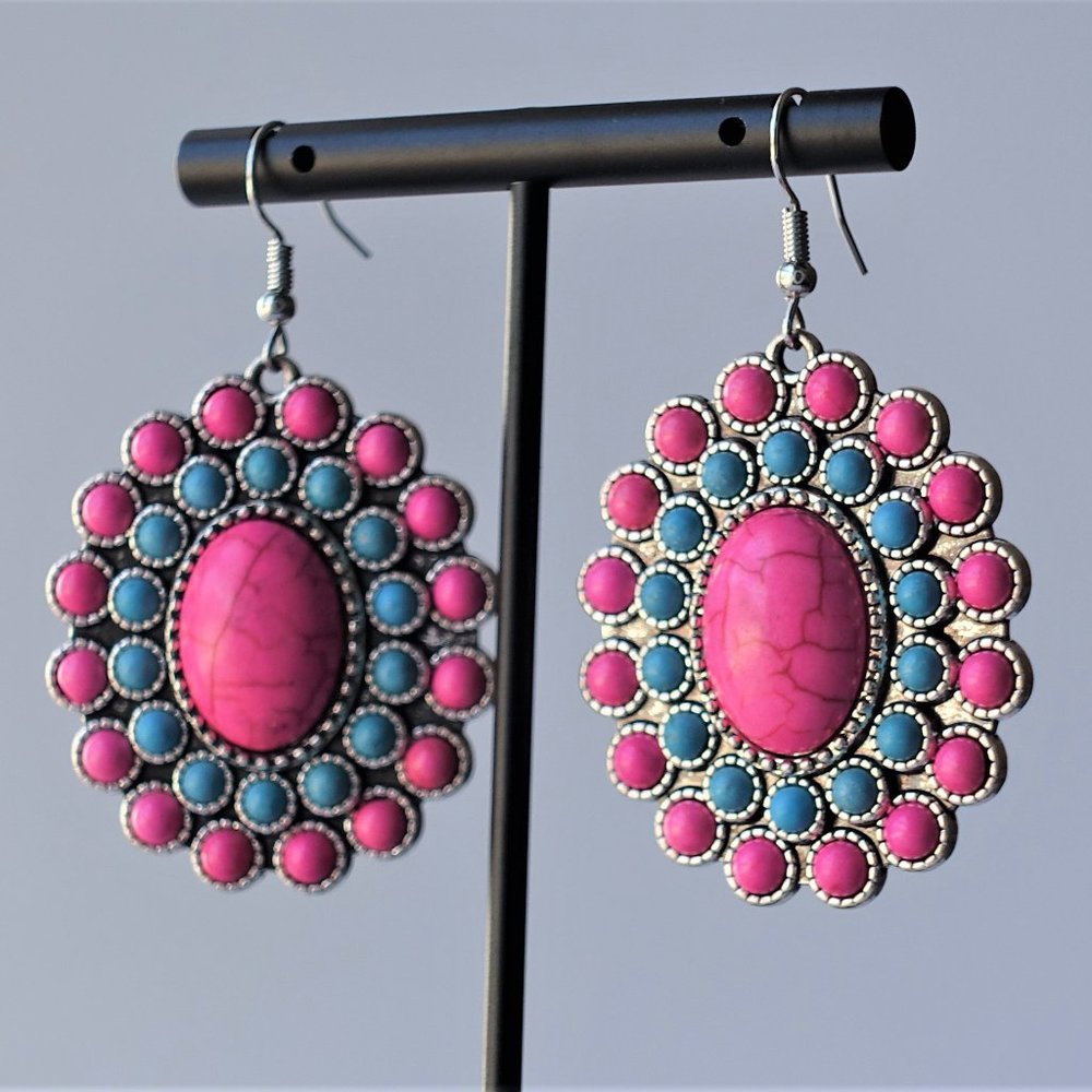 Pink Turquoise Blue Bohemian Bollywood metal hook dangle earrings for women girl